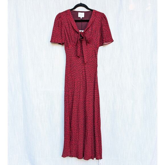 Reformation Tyra Dress Womens 4 Red Nicole Floral Print Bow Slip Style Midi NWT - Picture 2 of 9
